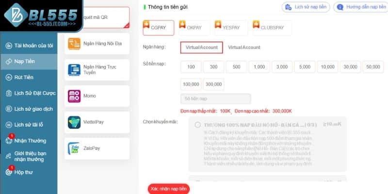 Khám phá các phương thức nạp tiền BL555
