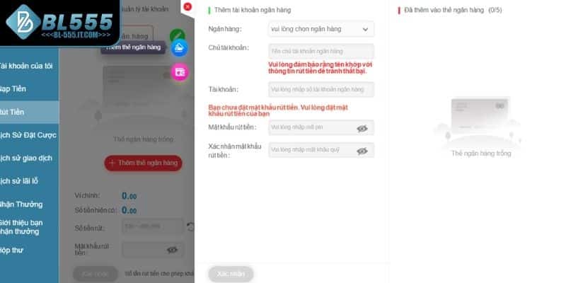 Thêm thông tin tài khoản ngân hàng rút tiền BL555
